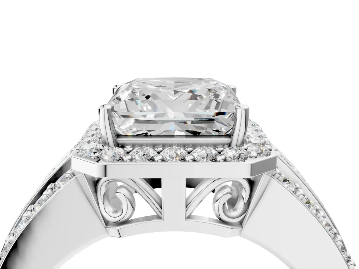 Princess Cut Halo Diamond Ring with Round Moissanite Split Shank and Prong Setting Silver