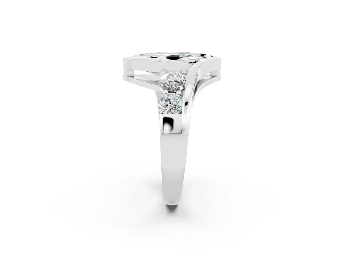 Bezel Set Marquise Cut Moissanite Bypass Ring with Round Accents Silver