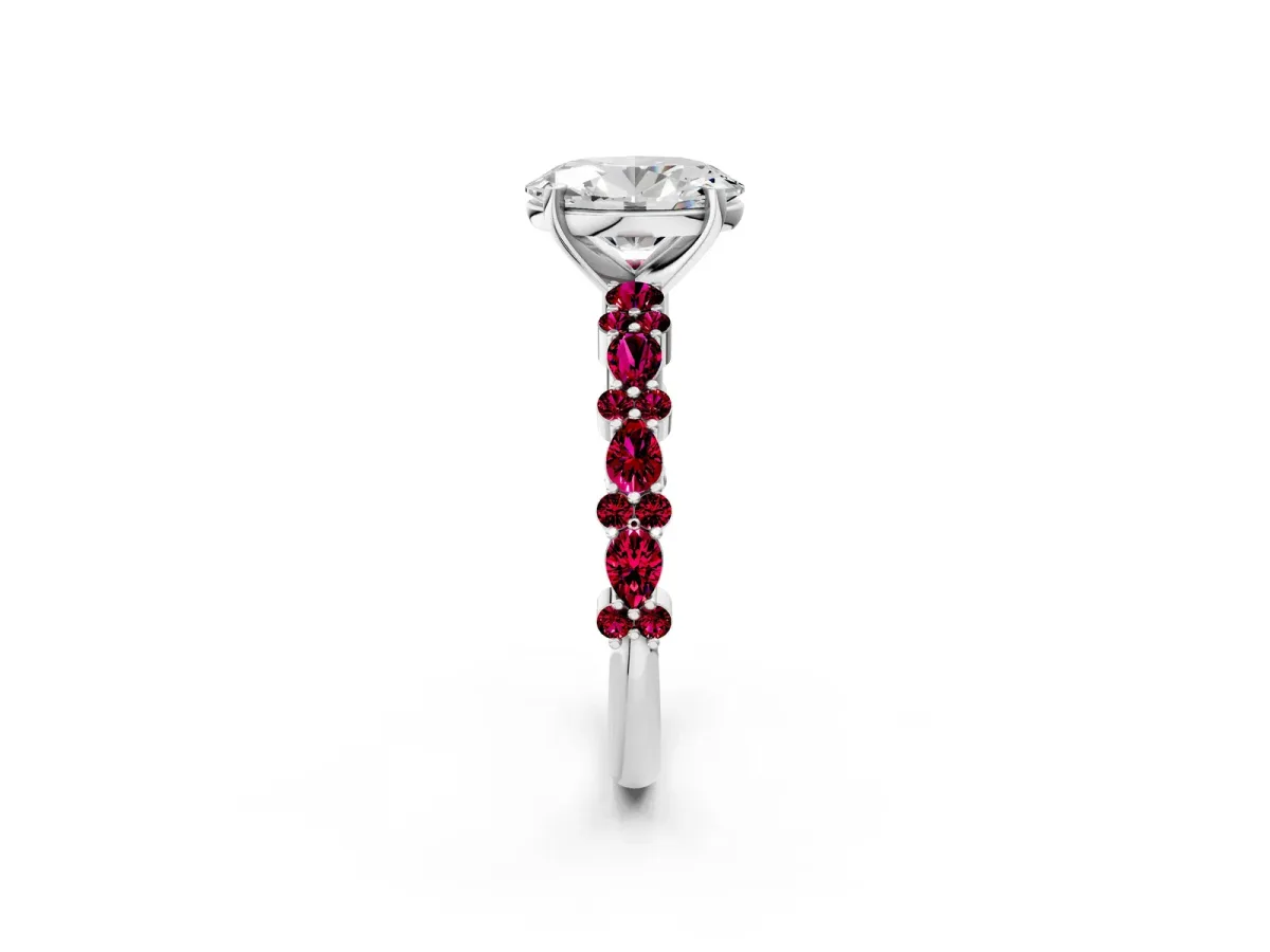 Oval Cut Diamond Side Stone Solitaire Ring with Round Garnet and Four-Prong Setting Silver