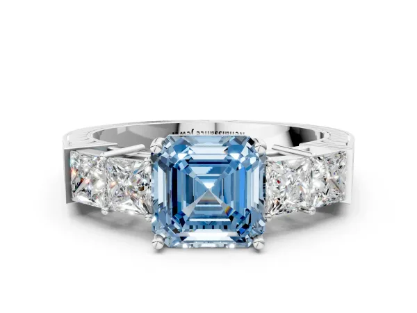 Fancy Blue Asscher Cut Solitaire Princess Side Stone Engraved Band Prong Setting Ring Platinum
