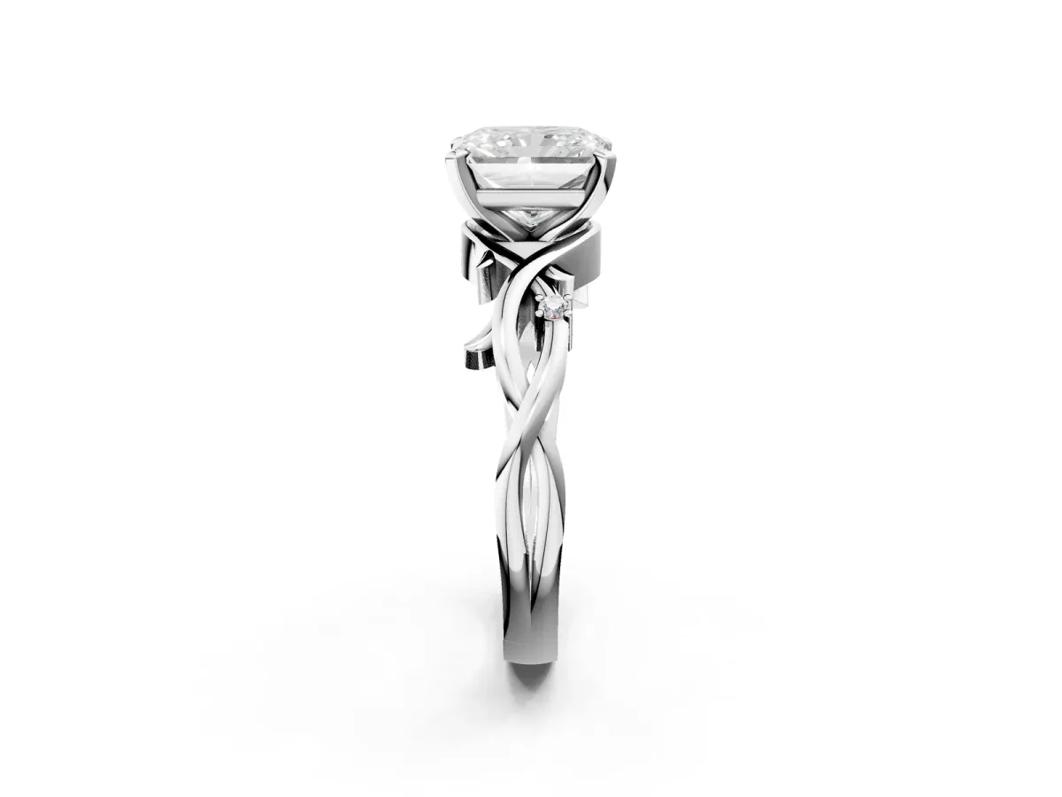 Radiant Cut Diamond Solitaire Ring with Twisted Band and Prong Setting White gold