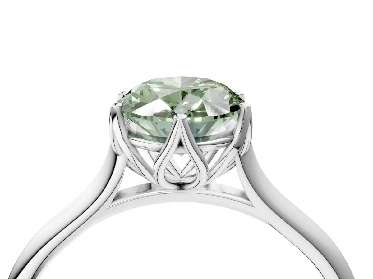 Fancy Green Oval Cut Solitaire Cathedral Diamond Ring with Six-Prong Setting Silver