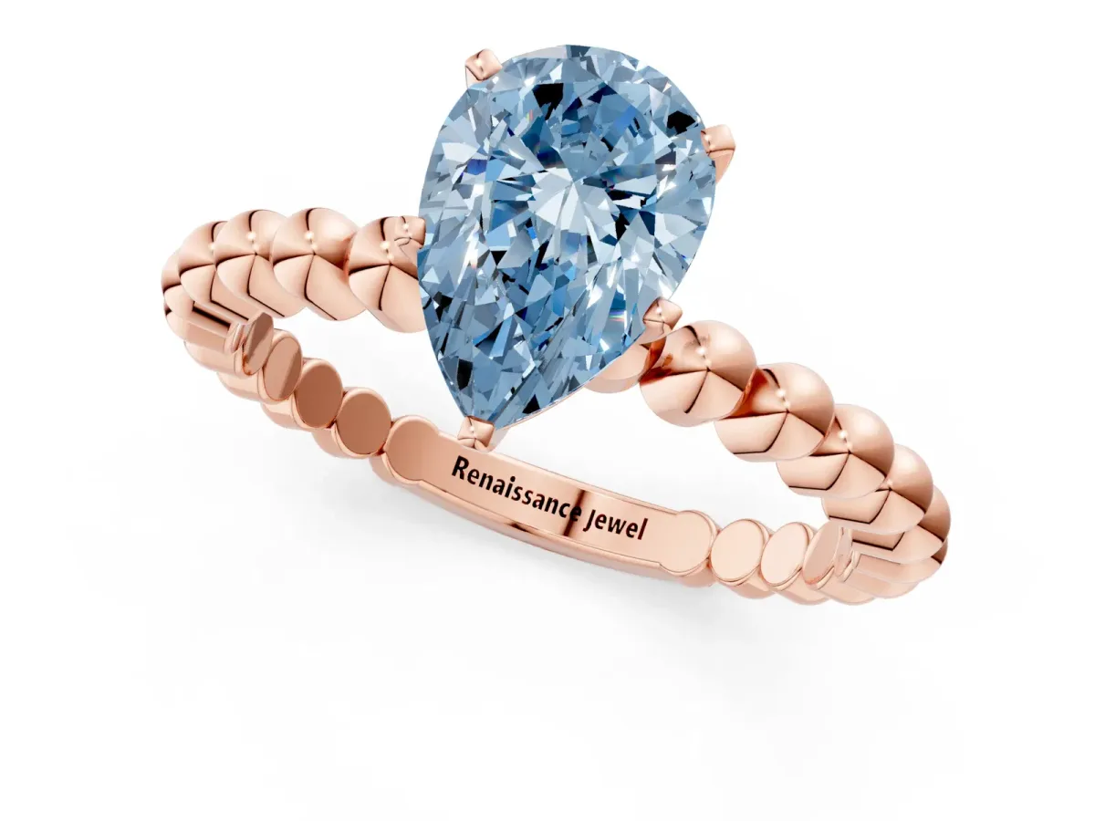 Fancy Blue Pear Cut Diamond Solitaire Ring with Beaded Band and Prong Setting Rose gold