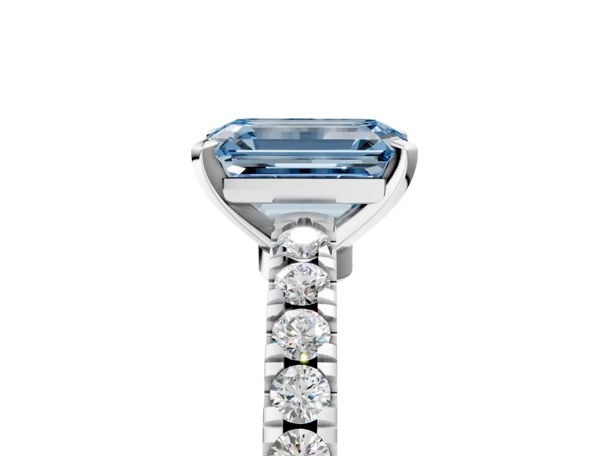 Fancy Blue Emerald Cut Solitaire Diamond with Pavé Band and Four-Prong Setting Silver
