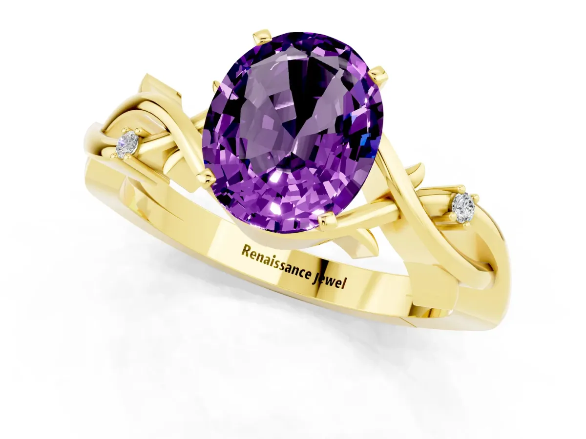 Oval Cut Amethyst Solitaire Ring with Twisted Band and Prong Setting Yellow gold