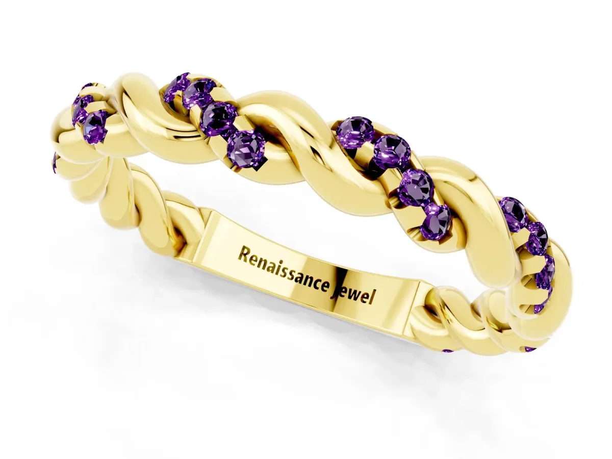 Twisted Pavé Round Amethyst Eternity Band Yellow gold