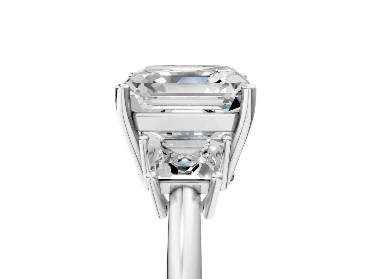 Asscher Cut Diamond Three-Stone Ring with Trapezoid Side Stones and Prong Setting Silver