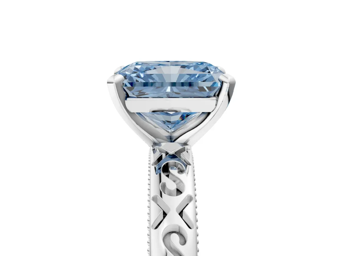 Fancy Blue Radiant Cut Solitaire Engagement Ring with Scrollwork Band and Four-Prong Setting Platinum