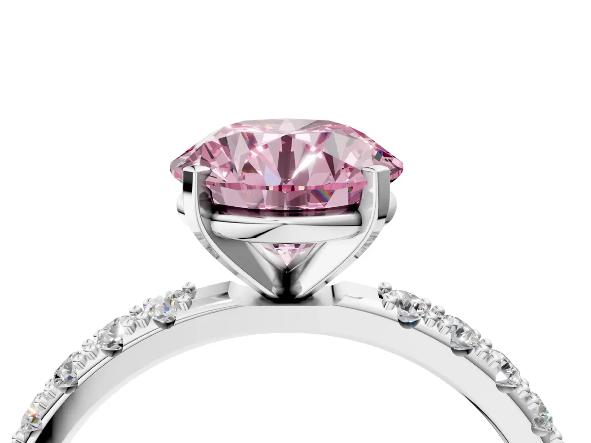 Fancy Pink Round Cut Diamond Solitaire Pavé Band with Four-Prong Setting Silver