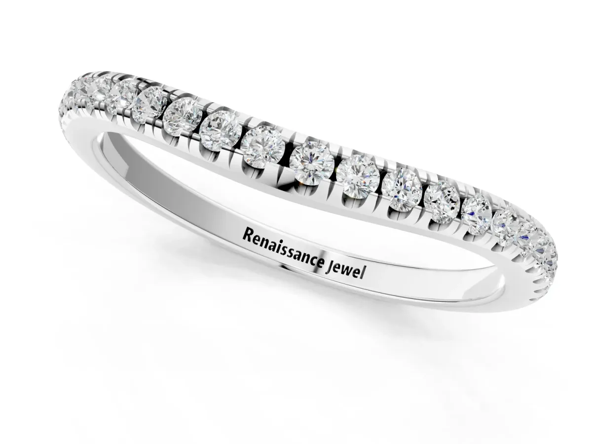 Round Diamond Pavé Set Curved White Gold Band Silver