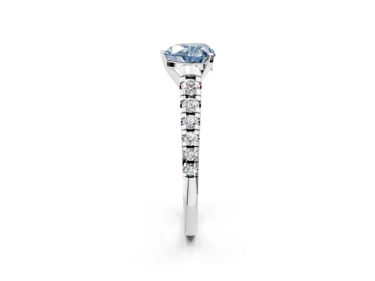 Fancy Blue Heart Cut Diamond Cathedral Solitaire Ring with Round Pavé Band Silver