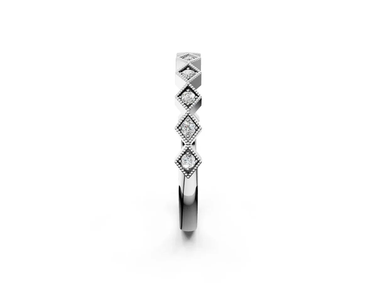 Milgrain Diamond Geometric Stackable Band with Round Cut Stones and Bezel Setting White gold