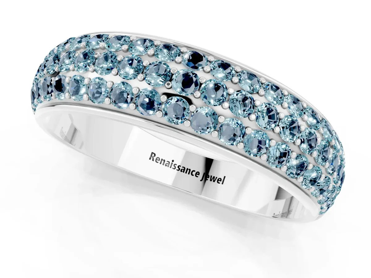 Three-Row Round Aquamarine Eternity Band with Shared Prong Setting Silver
