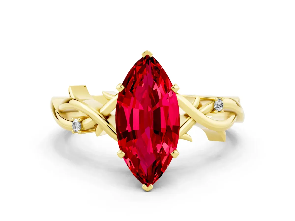 Marquise Cut Ruby Solitaire Ring with Milgrain Pavé Band and Four-Prong Setting Yellow gold