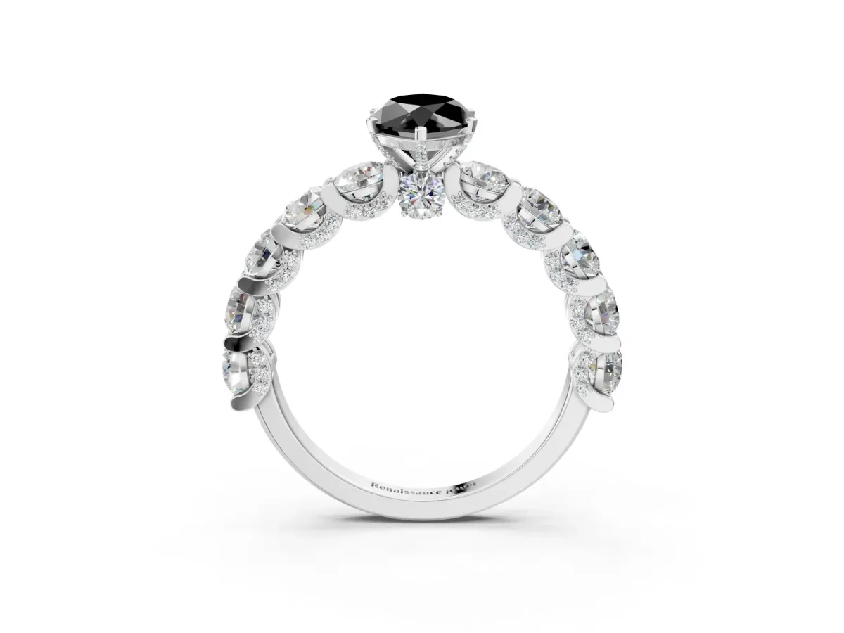 Fancy Black Marquise Cut Diamond Side Stone Engagement Ring with Four-Prong Setting White gold