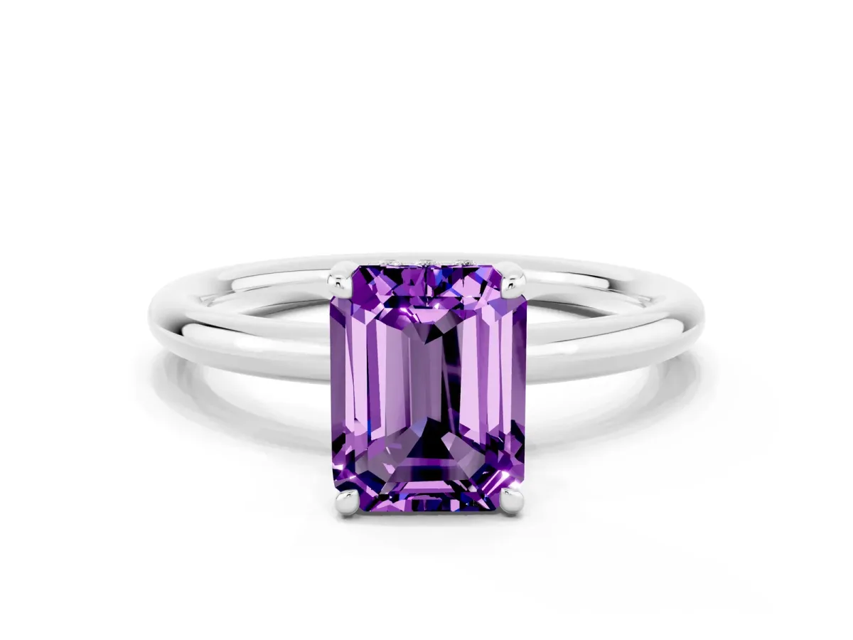 Emerald Cut Amethyst Solitaire Ring with Thin Band and Four-Prong Setting White gold