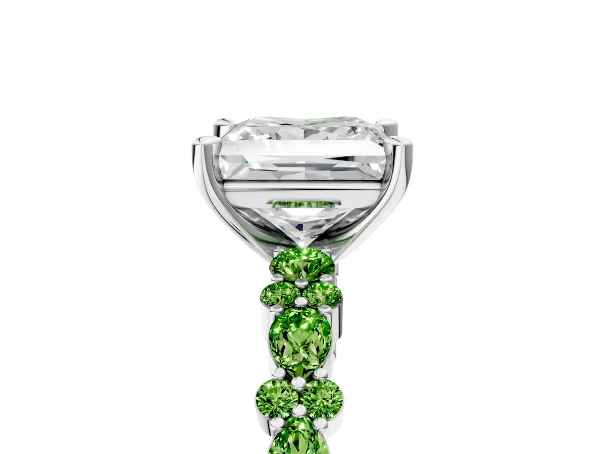 Princess Cut Diamond Side Stone Solitaire Ring with Round Peridot and Four-Prong Setting Platinum