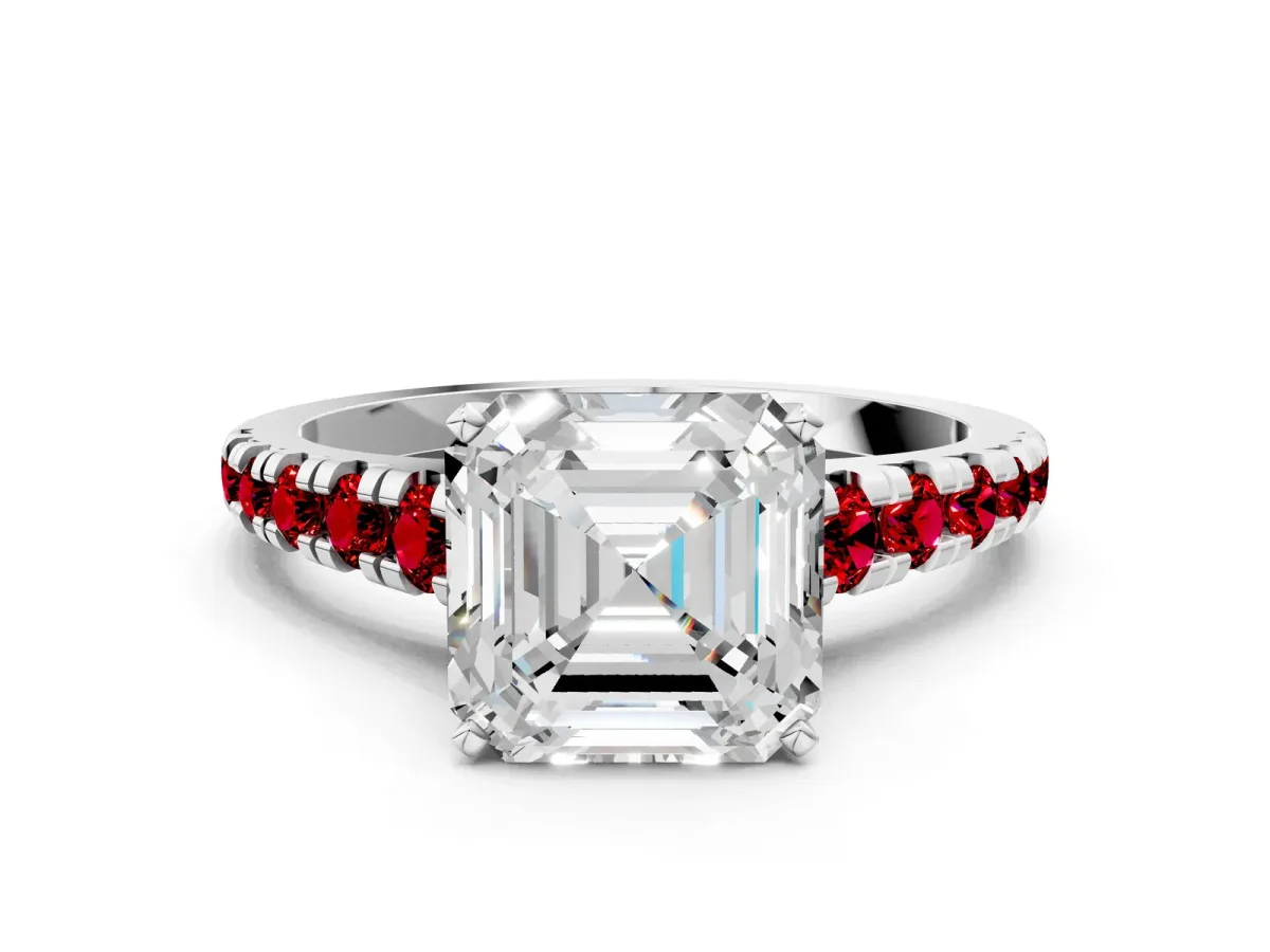 Asscher Cut Diamond Cathedral Solitaire Ring with Round Ruby Pavé Band Silver