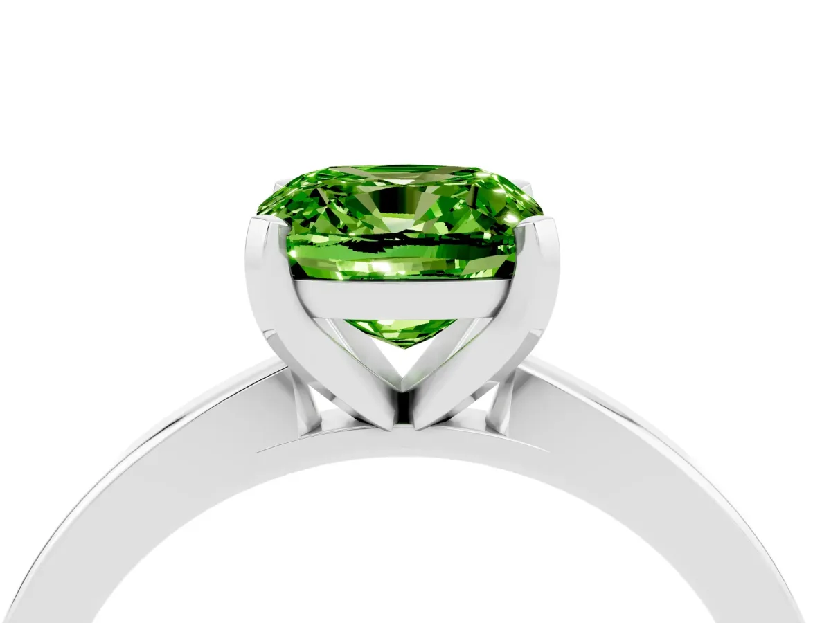 Cushion Cut Peridot Solitaire Engagement Ring with Classic Band and Four-Prong Setting Silver