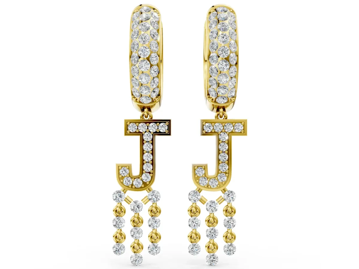 Round Diamond Initial J Huggie Hoop Earrings Yellow gold