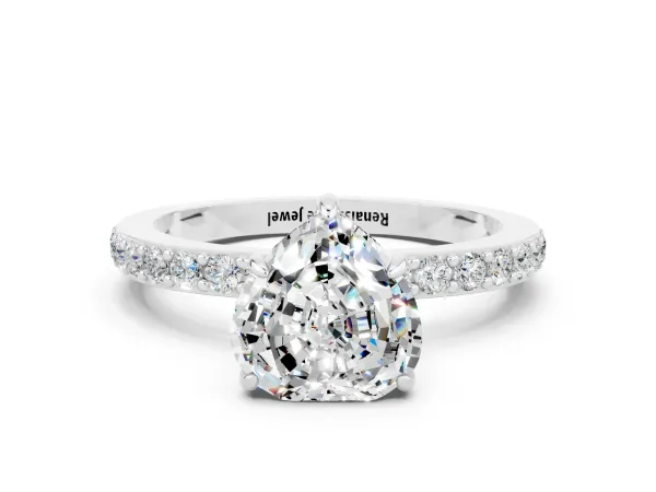 Heart Cut Moissanite Solitaire Engagement Ring with Pavé Band and Four-Prong Setting Platinum