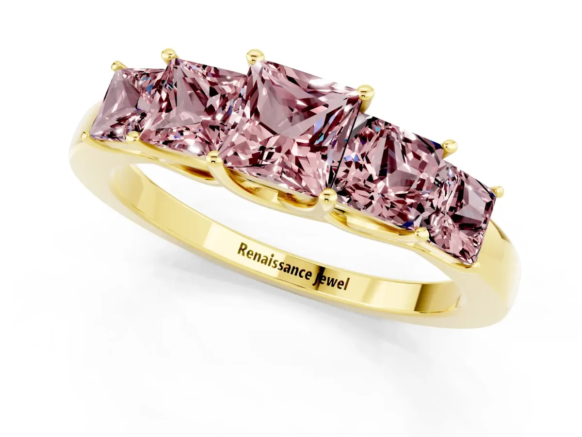 Princess Cut Five-Stone Morganite Ring with Classic Prong Setting Yellow gold