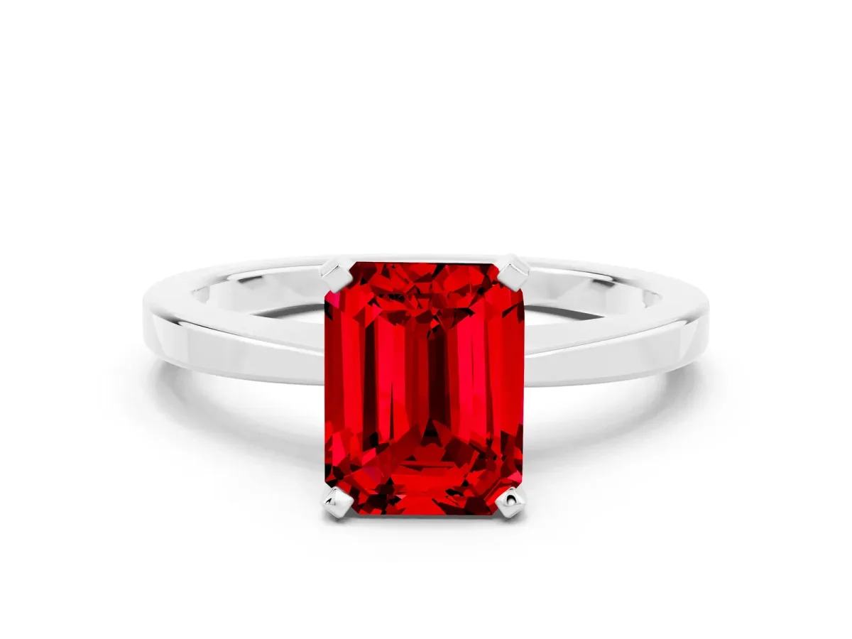 Emerald Cut Ruby Solitaire Engagement Ring with Classic Band and Four-Prong Setting Silver