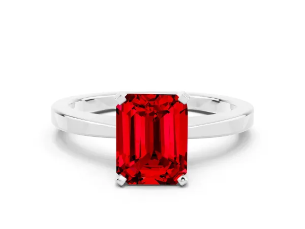 Emerald Cut Ruby Solitaire Engagement Ring with Classic Band and Four-Prong Setting Silver