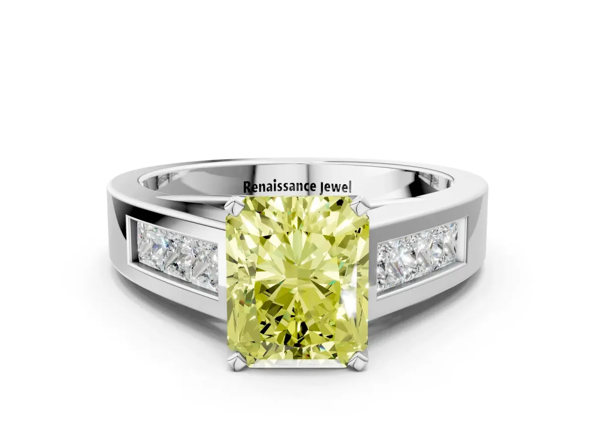 Fancy Yellow Radiant Cut Cut Channel Set Solitaire Ring with Four-Prong Setting Silver