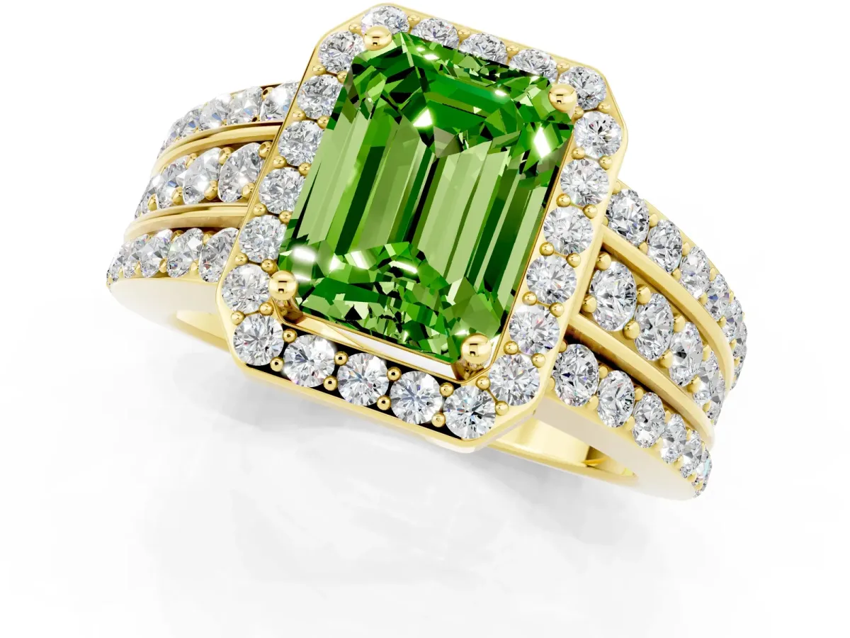 Emerald Cut Halo Peridot Ring with Round Split Shank and Prong Setting Yellow gold