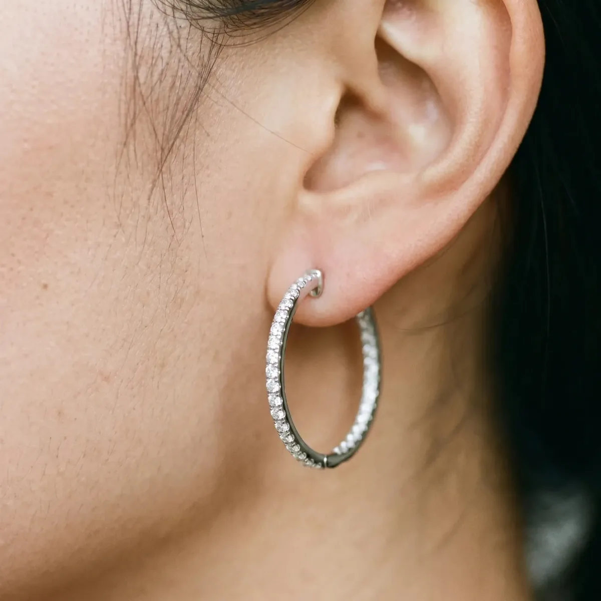 Round Diamond Pave Hoop Earrings with Channel Setting Silver