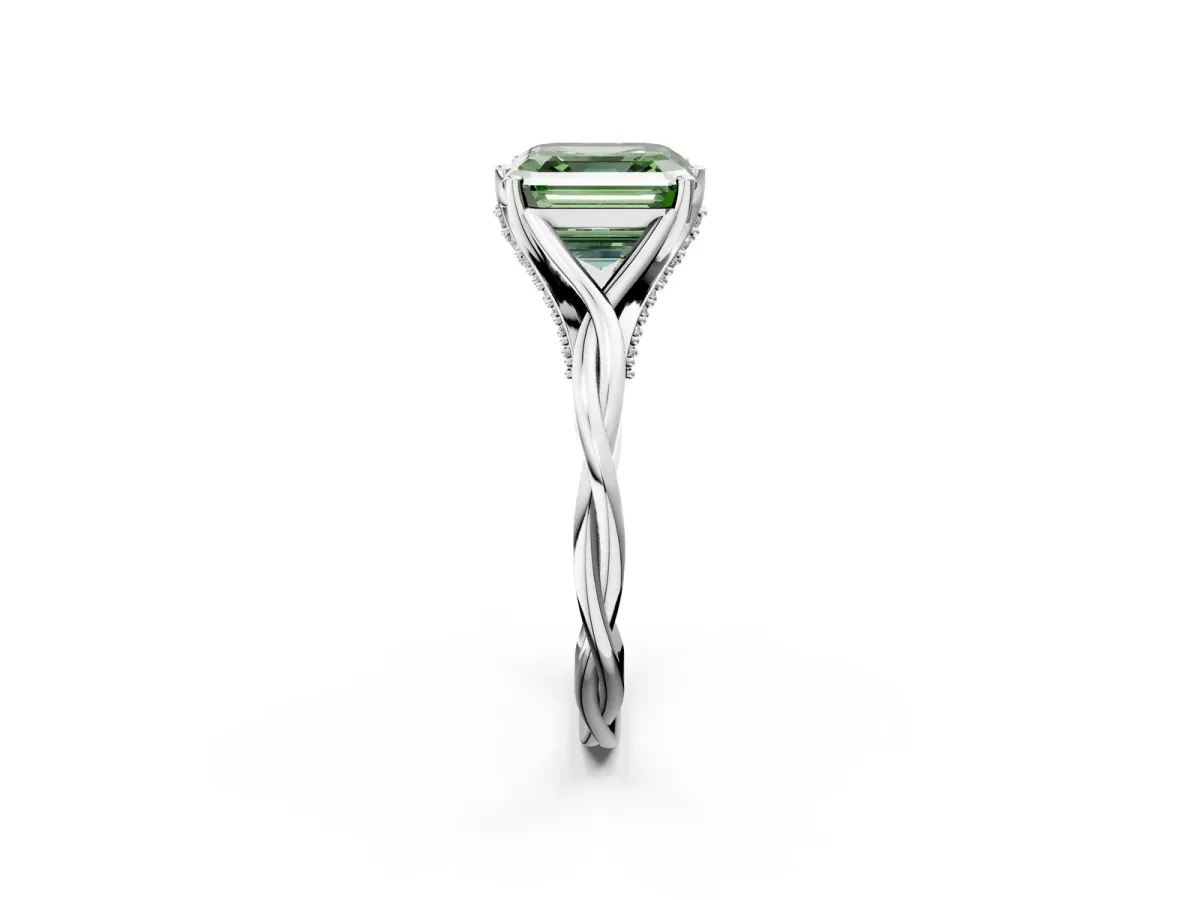 Fancy Green Asscher Cut Solitaire Twist Band Six-Prong Setting Platinum