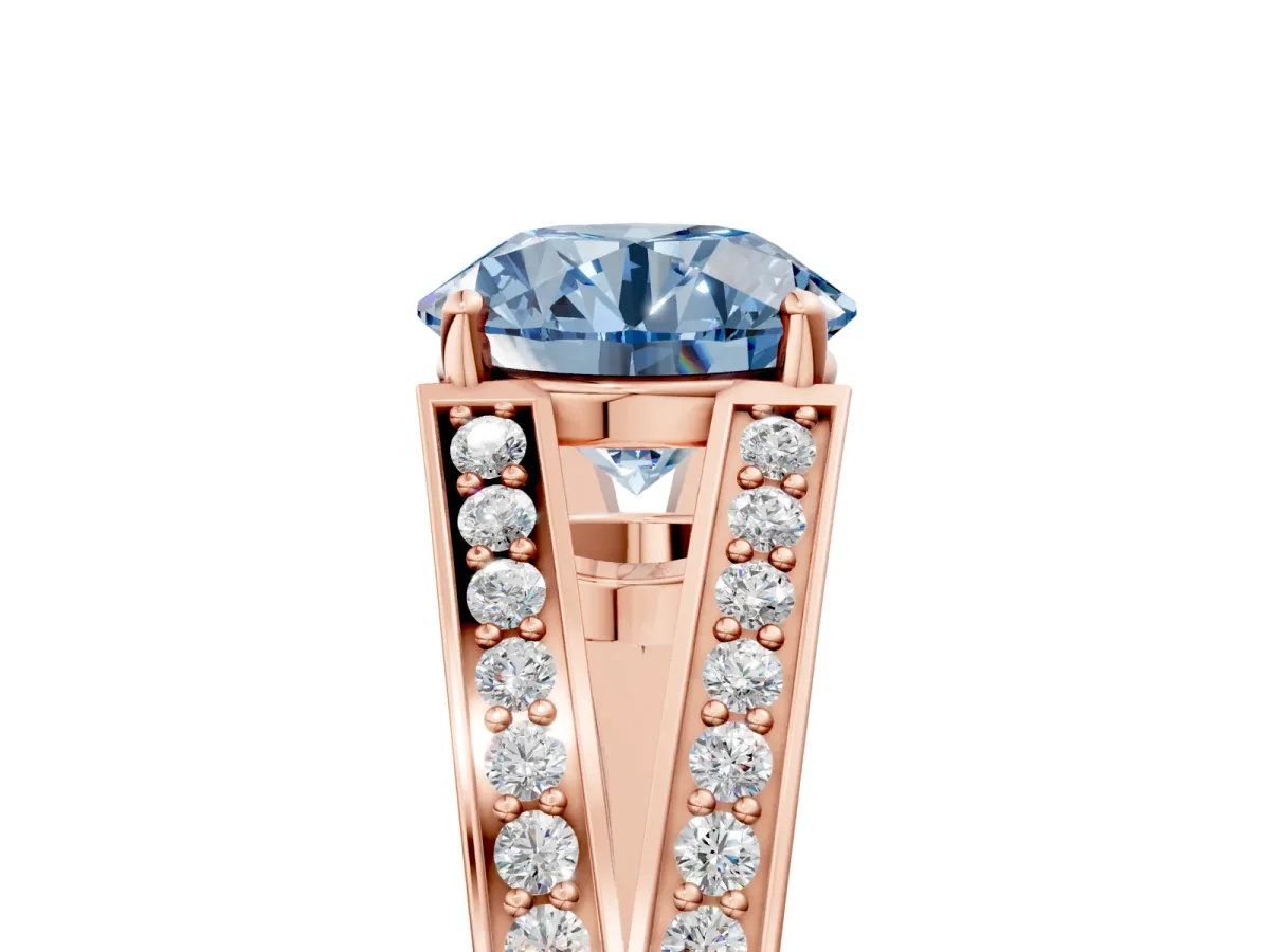 Fancy Blue Round Cut Diamond Split Shank Ring with Pavé Band and Four-Prong Setting Rose gold