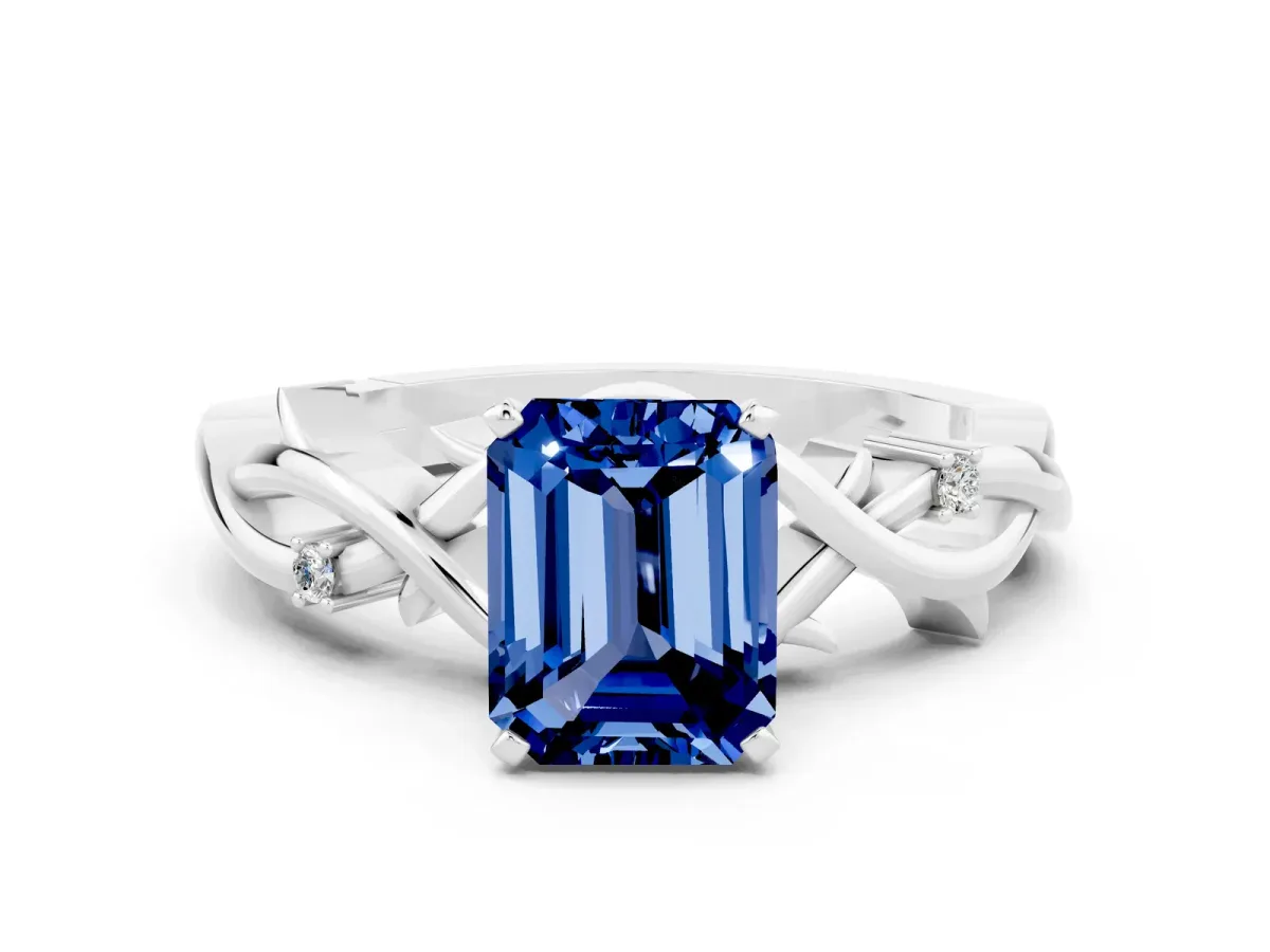 Emerald Cut Blue Sapphire Solitaire Ring with Twisted Band and Prong Setting Silver