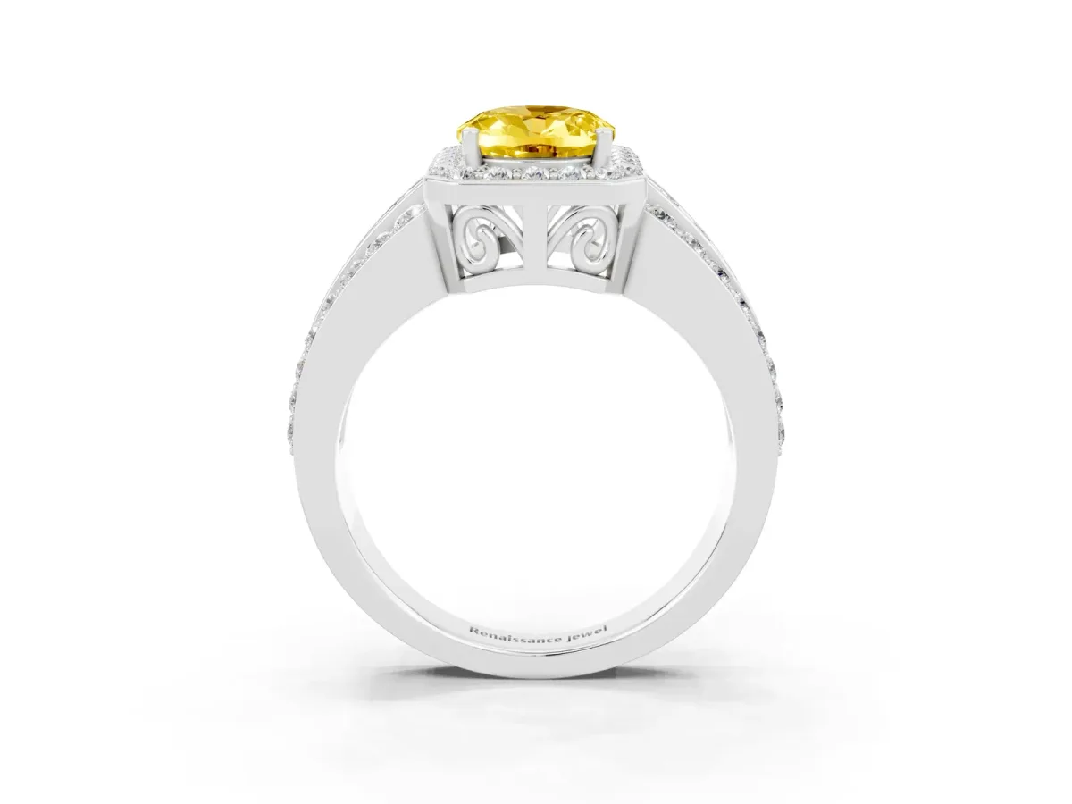 Oval Cut Halo Yellow Sapphire Ring with Round Split Shank and Prong Setting Silver