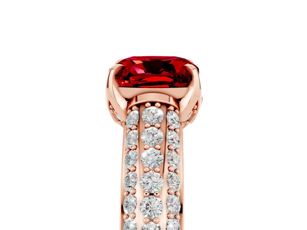 Cushion Cut Ruby Solitaire Ring with Three-Row Pavé Band and Four-Prong Setting Rose gold