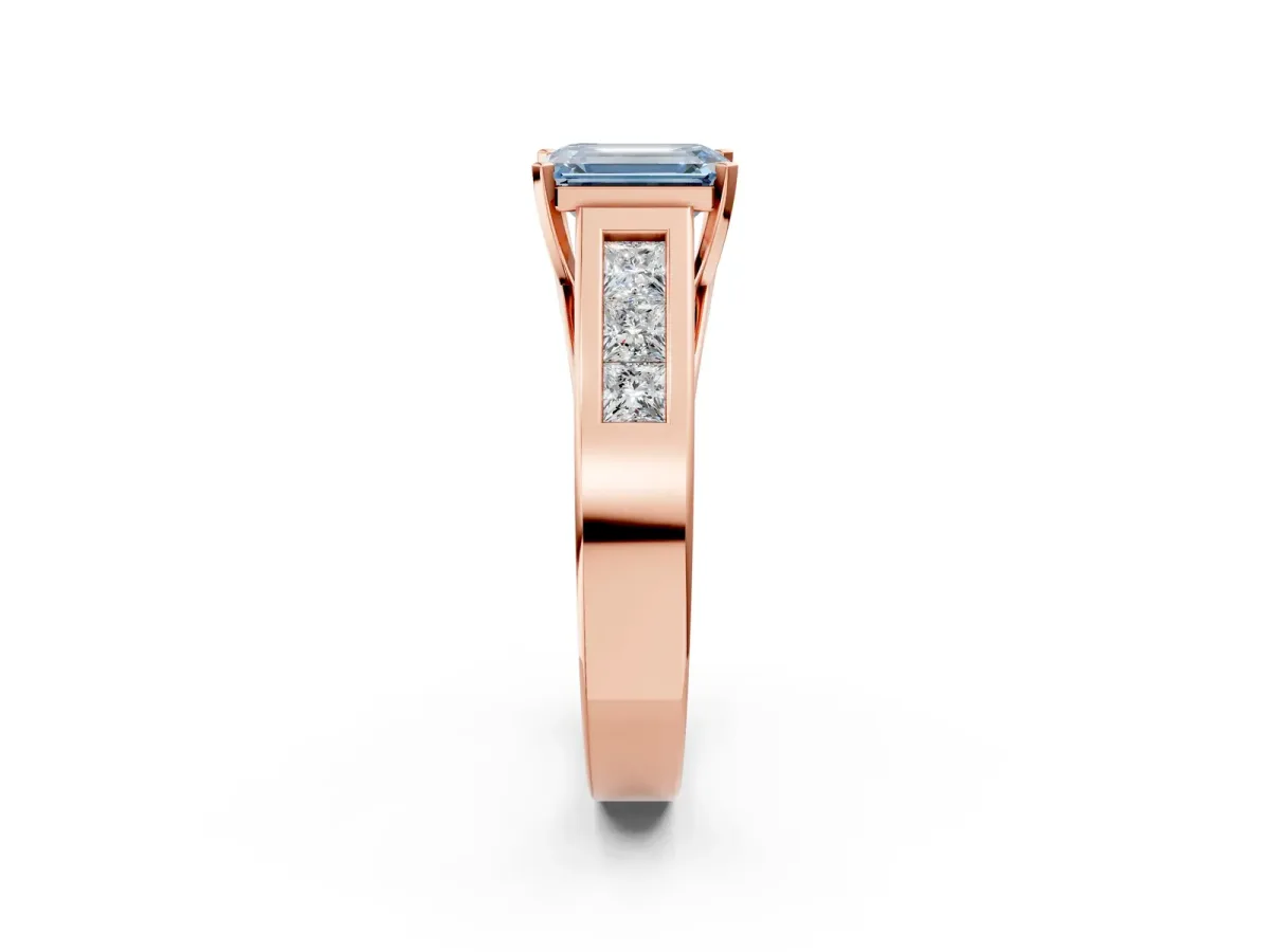 Fancy Blue Emerald Cut Cut Channel Set Solitaire Ring with Four-Prong Setting Rose gold