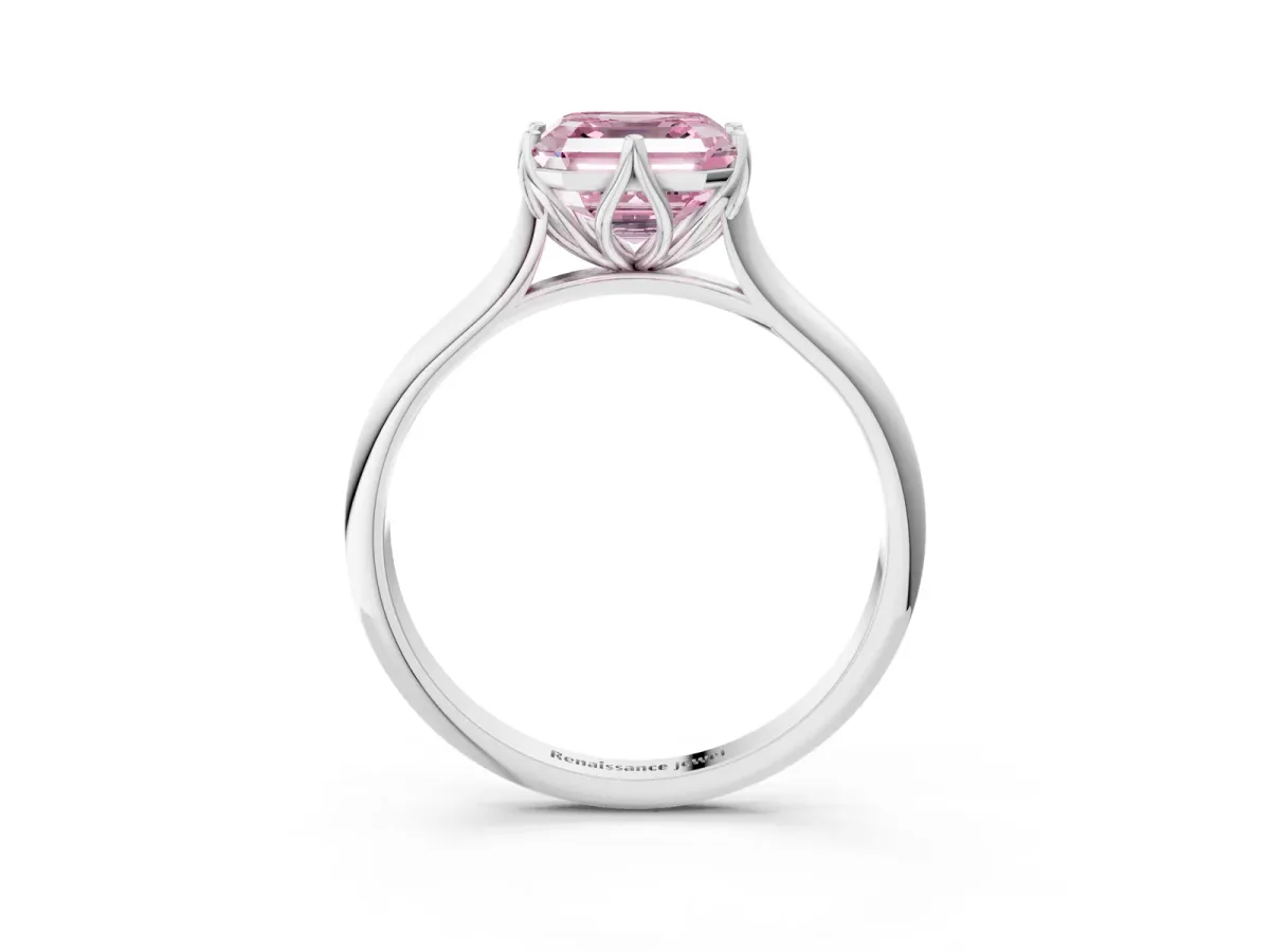 Fancy Pink Asscher Cut Solitaire Cathedral Diamond Ring with Six-Prong Setting Platinum