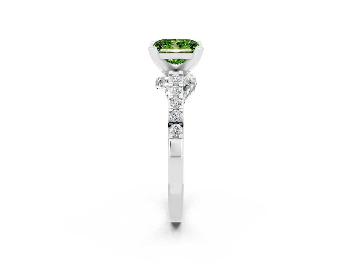Princess Cut Peridot Solitaire Ring with Crossover Gallery and Round Pavé Band Silver