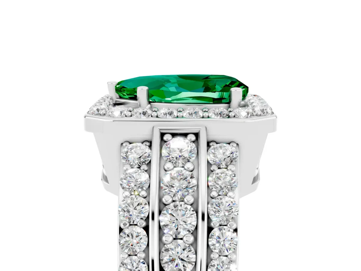 Pear Cut Halo Emerald Ring with Round Split Shank and Prong Setting Silver