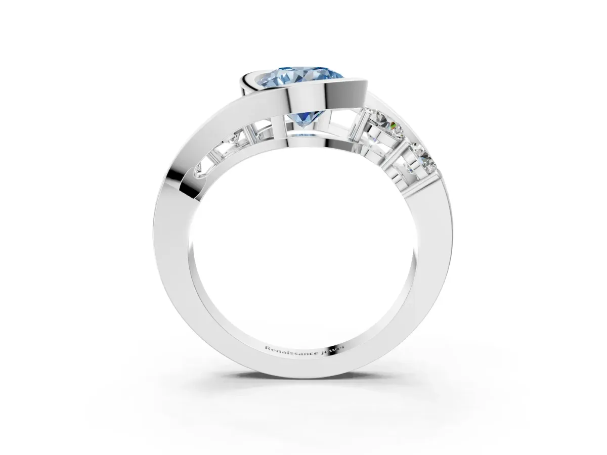 Fancy Blue Bezel Set Round Cut Diamond Bypass Ring with Round Accents Platinum