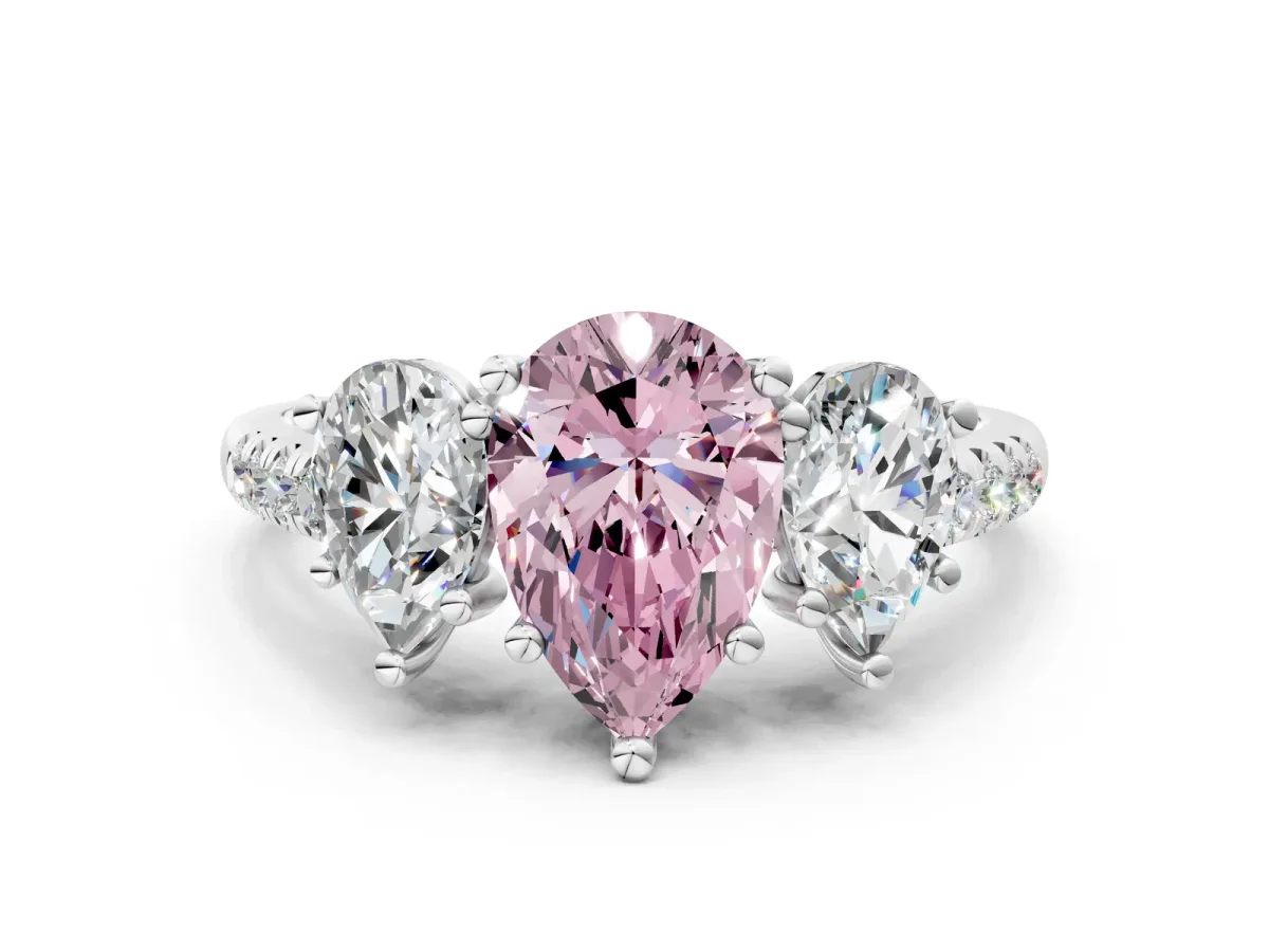 Fancy Pink Three-Stone Pear Cut Diamond Ring with Round Pavé Band and Prong Setting Silver