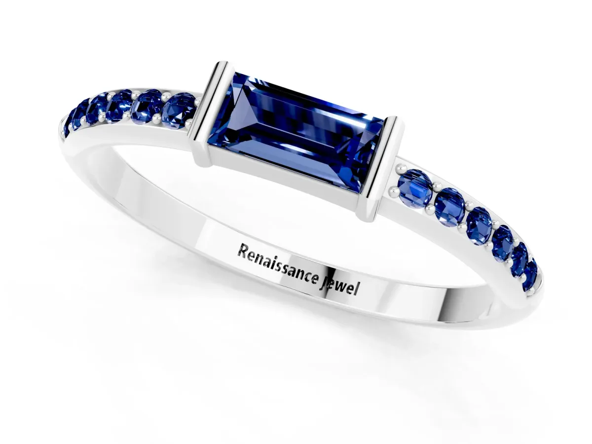 Baguette Blue Sapphire Pavé Band with Bar Setting White gold