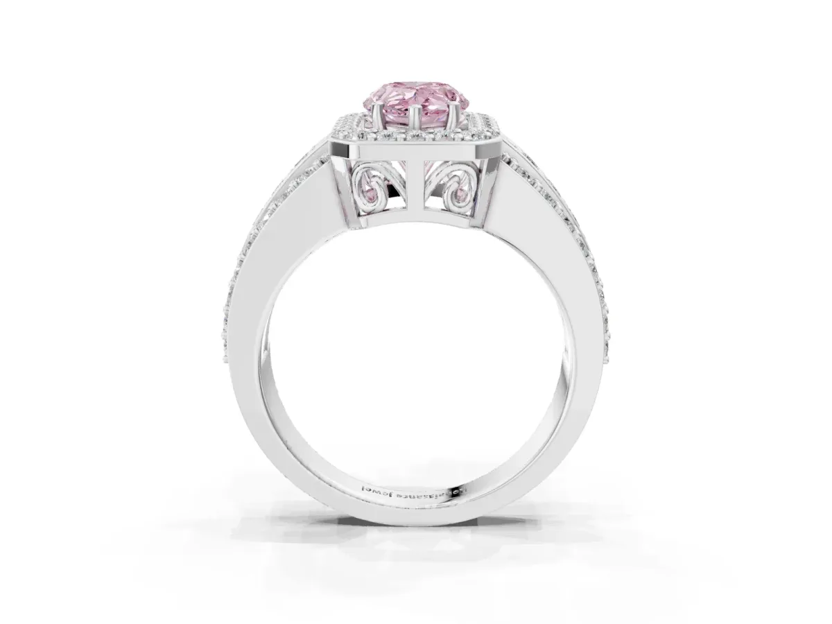 Fancy Pink Pear Cut Halo Diamond Ring with Round Split Shank and Prong Setting Silver