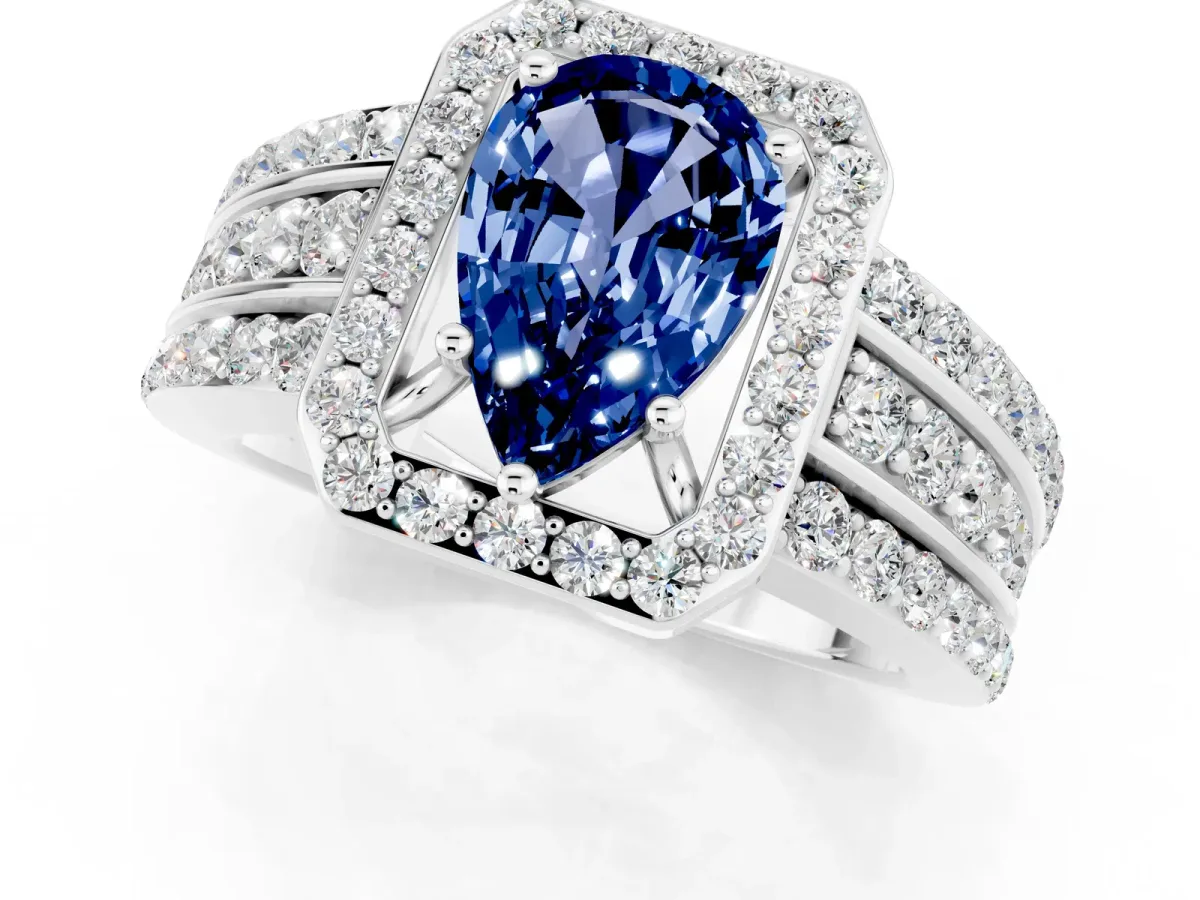 Pear Cut Halo Blue Sapphire Ring with Round Split Shank and Prong Setting Platinum