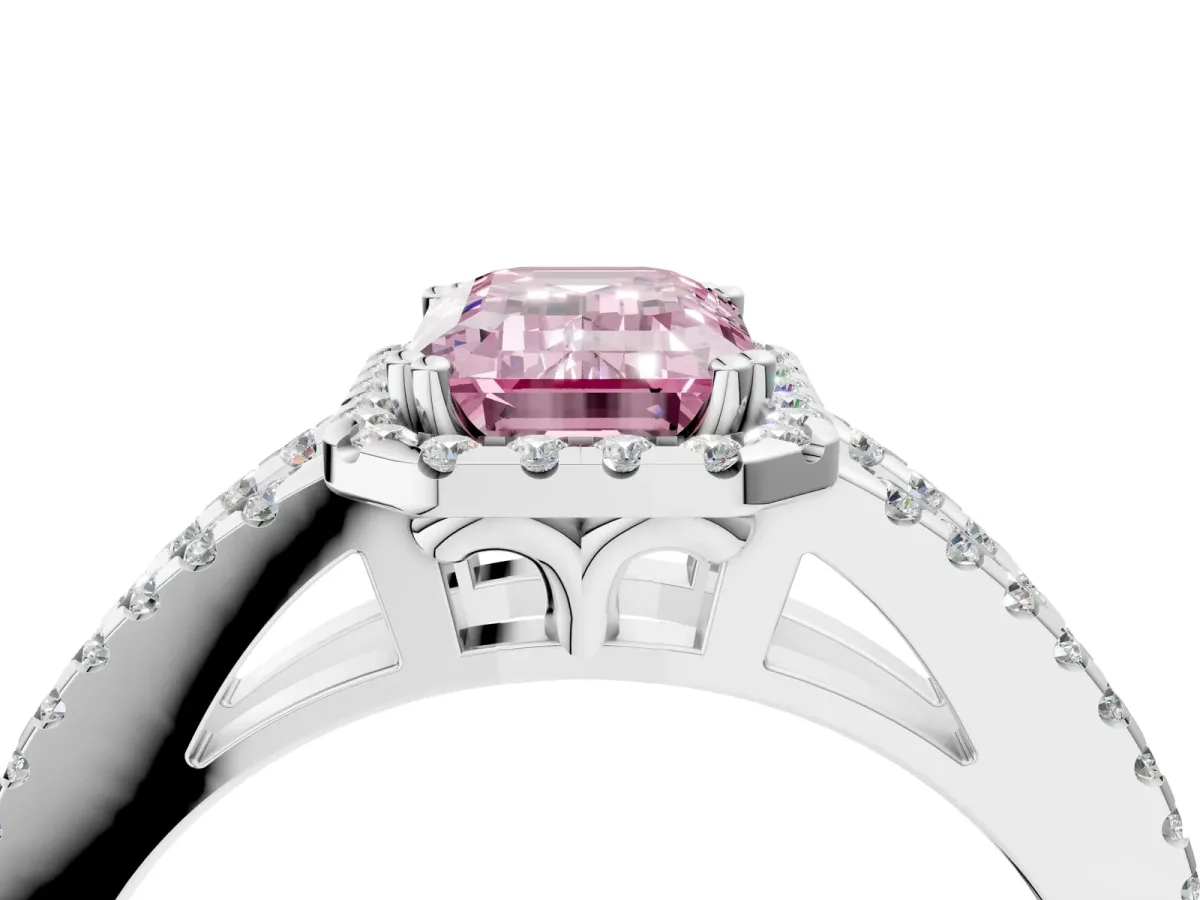 Fancy Pink Emerald Cut Diamond Halo Split Shank Engagement Ring Platinum
