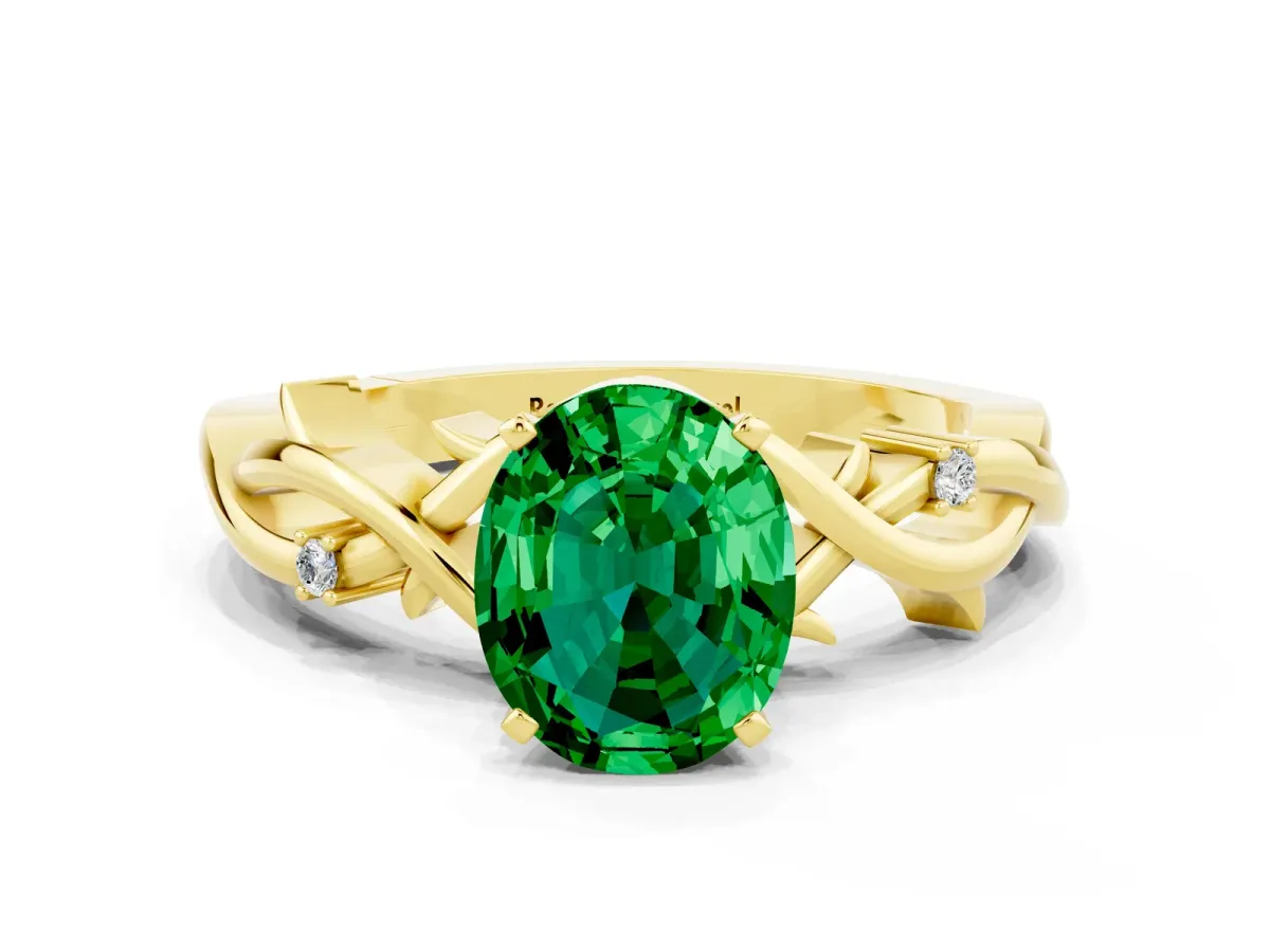 Oval Cut Emerald Solitaire Ring with Twisted Band and Prong Setting Yellow gold