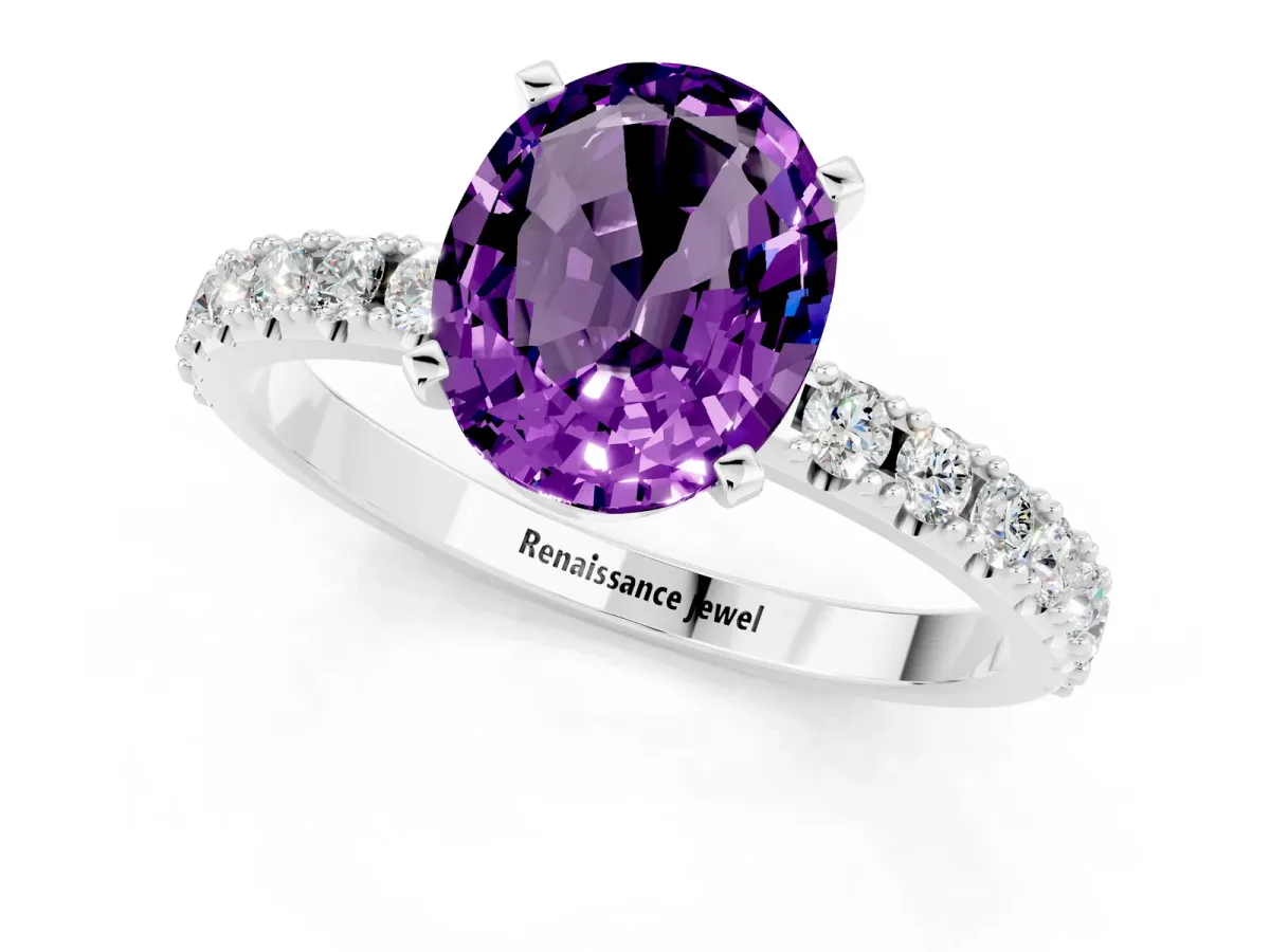 Oval Cut Amethyst Solitaire Pavé Band with Four-Prong Setting White gold