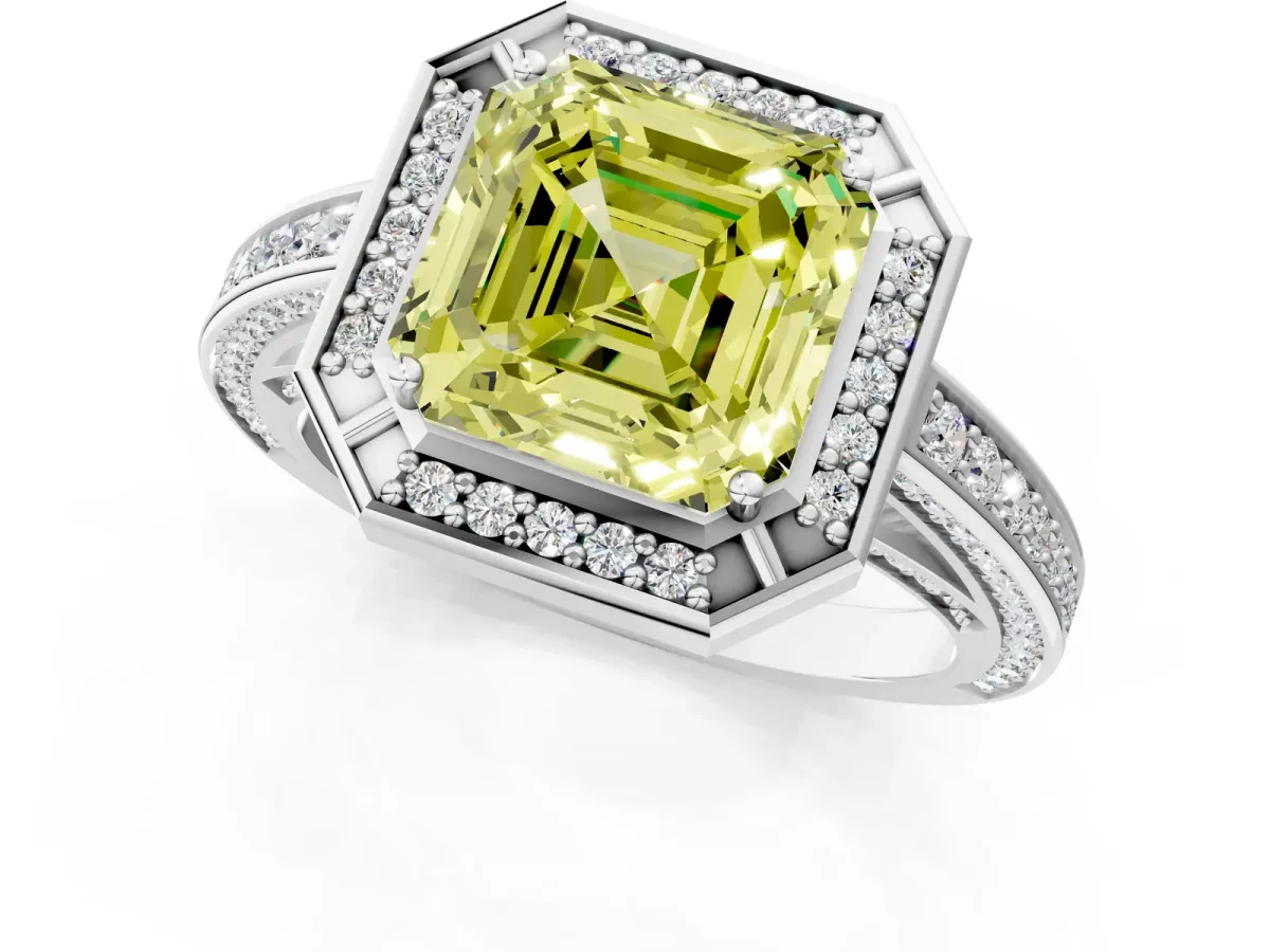 Fancy Yellow Asscher Cut Cut Halo Pave Split Shank Prong Setting Ring Platinum