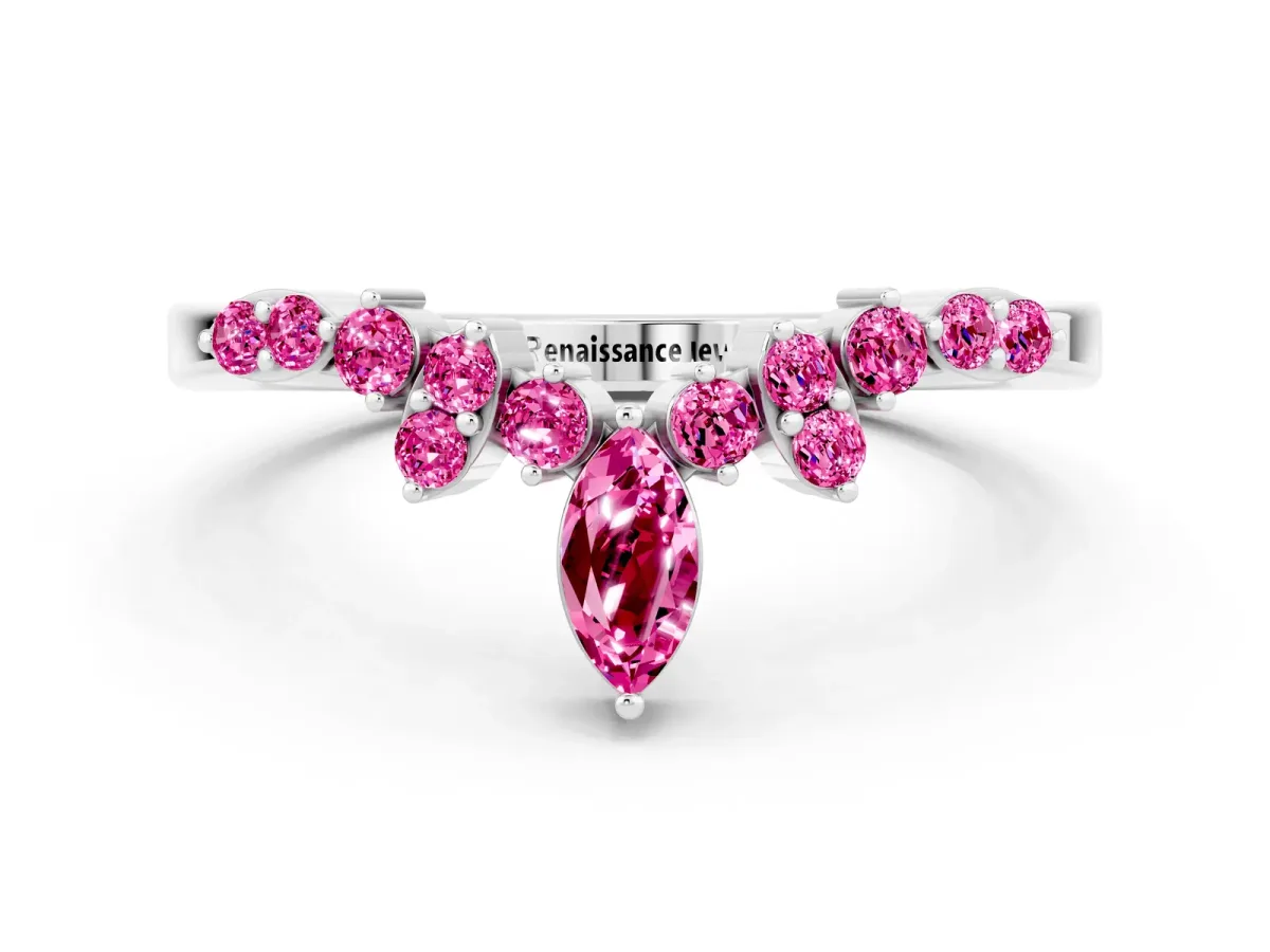 Marquise and Round Pink Sapphire Chevron Band with Prong Setting Silver